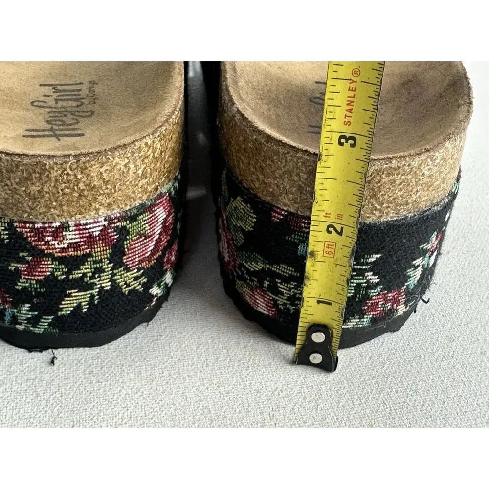 Corkys Hey Girl Platform Wannabe Sandals Black Floral Brocade Womens Size 10